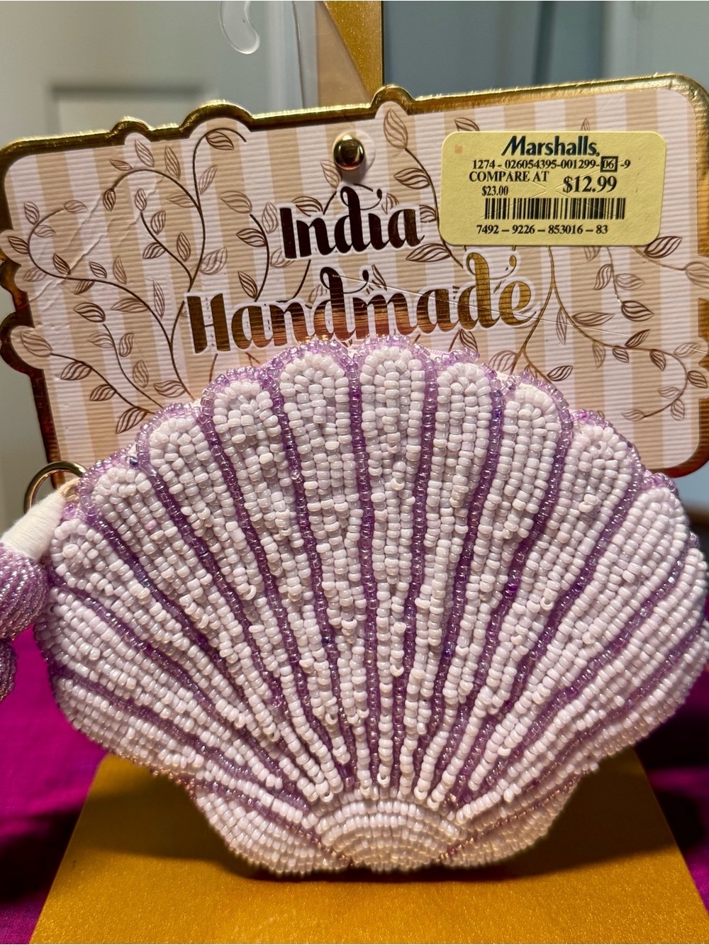 NWT India Handmade Beaded Seashell Coin Pouch Tassel Purple